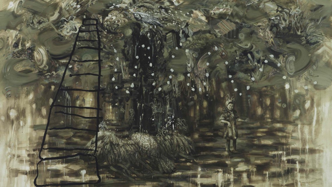 Carol Wainio's painting Season's End is a richly layered landscape in dark earth tones featuring a large burrowing bird creature, a small human figure in fur and antlers and a crudely-drawn steel tower teetering beneath a heavy marble-patterned sky
