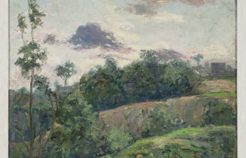 landscape painting of green hills