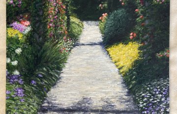 drawing of a garden path with bushes on either side