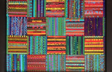 drawing that resembles a quilt with various coloured squares made to fit together