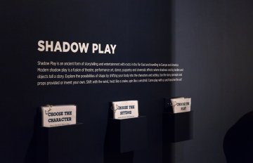 the title shadow play printed onto the wall to highlight a special exhibition