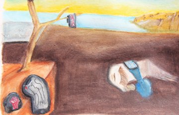 drawing with melted clocks on a wasteland landscape