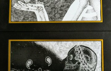 drawing split in two, top half is a black backdrop with a person blowing out white dust and the bottom is the inverse of the same image