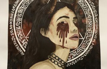 drawing of a girl with horns and blood coming out of her eyes