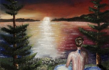 drawing of a person watching the sunset on a lake