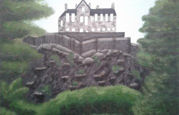 drawing of an abandoned manner atop a hill surrounded by trees