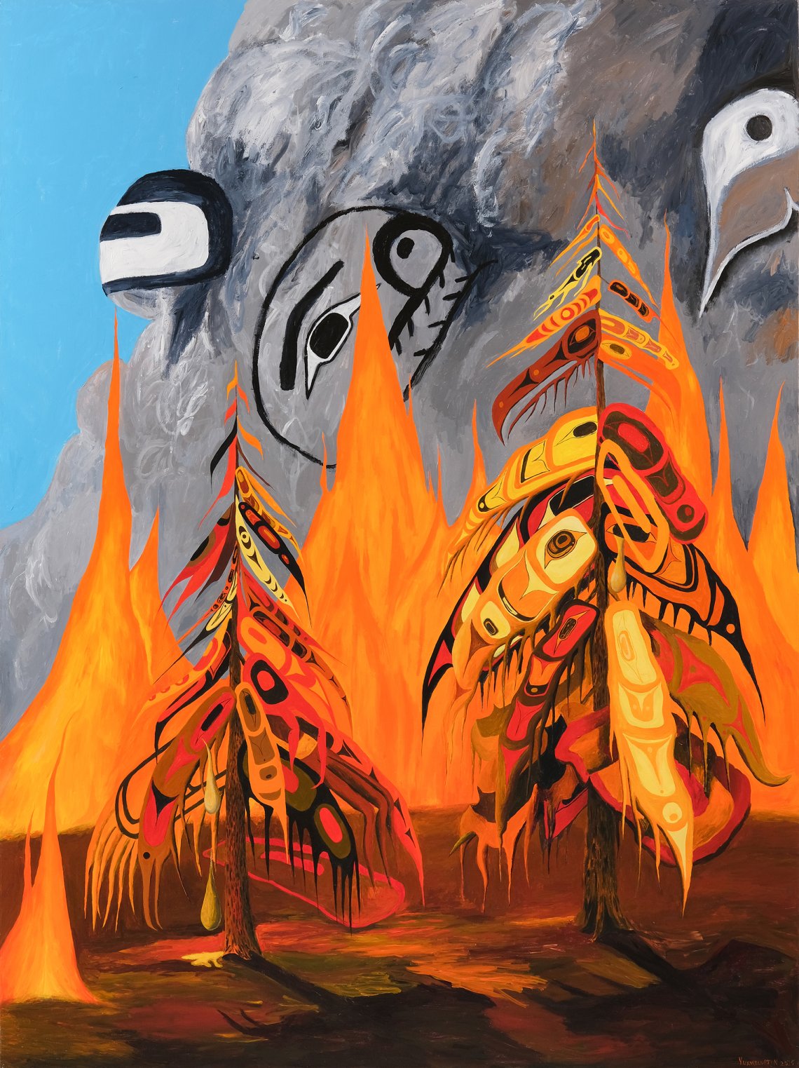 Painting of a forest of ovoid-patterened trees burning with a background of dark smoke and a blue sky