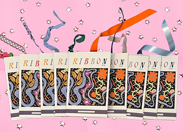 Pink background with stars and colorful, varied ribbons with the bottom half of the graphic filled with repeated covers of the Ribbon Zine design