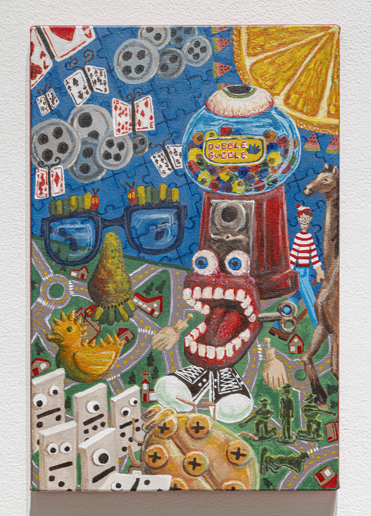 A colorful painting containing many pop iconic toys, playing cards, giant eyeballs and fruit