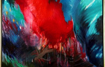 abstract painting of red in the middle with blue on either sides and green in the bottom left corner