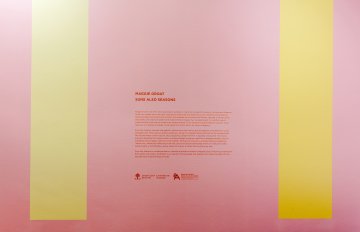 pink walls with yellow stripes on them and the exhibition details printed in red on the wall