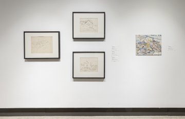 Three conte portraits of individuals with a sketch-like painting to the right