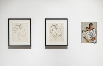 Three portraits, two conte sketches and one painting of a person sitting with their head turned to the side.
