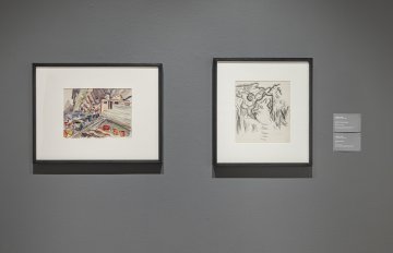 Grey background with two sketch-like paintings