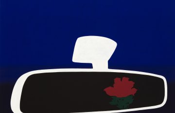 A painting with a dark blue to black background. The aesthetic is very minimal in the foreground containing a white outline of a rearview mirror with a black reflection and red flower