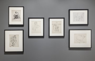 Six conte sketches framed and hung on a grey background