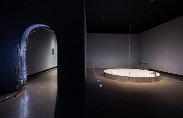 Ronded doorway to the left, wide angle shot to include the pigeons as they sit on the concrete structure