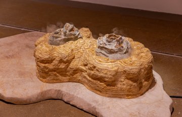A sculpture sitting on top of a piece of rock emitting scents.