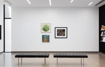 Installation shto of three artworks mounted closely on a white wall in front of two black benches