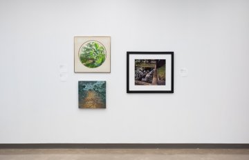 Installation shto of three artworks mounted closely on a white wall