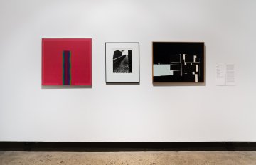 Installation shto of three artworks mounted closely on a white wall