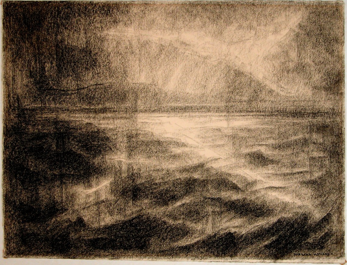 charcoal drawing of an ocean view