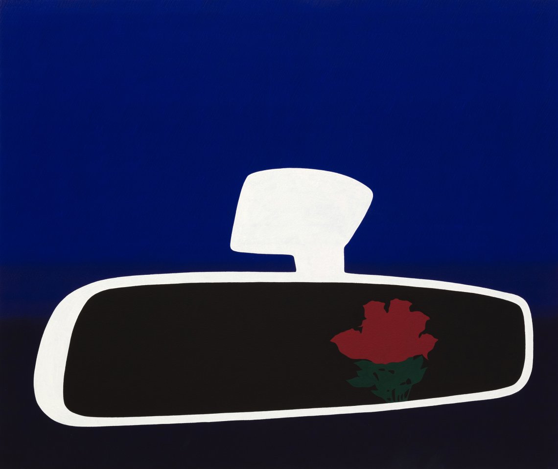 A painting with a dark blue to black background. The aesthetic is very minimal in the foreground containing a white outline of a rearview mirror with a black reflection and red flower
