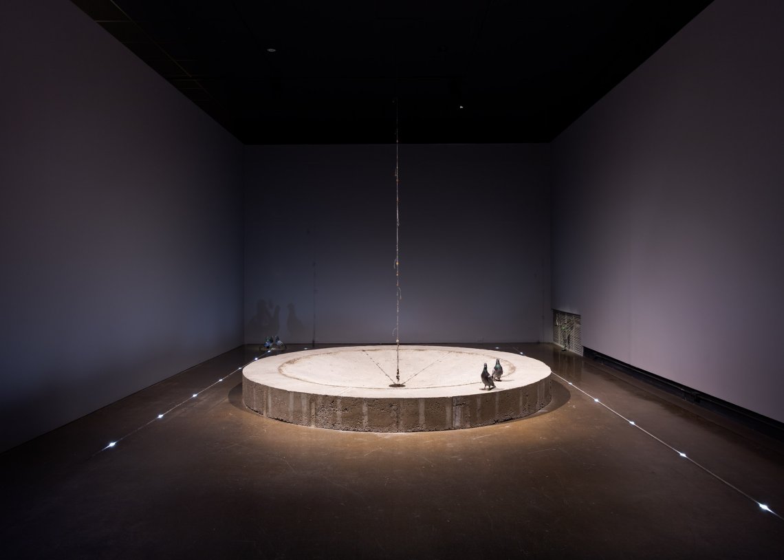 A pair of pigeons perch on the remnants of a concrete fountain base leaving footprints in a circle
