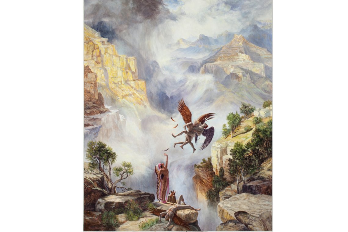 Scene of two angel-like figures fighting in mid-air above Kent Monkman's Miss Chief Eagle Testickle