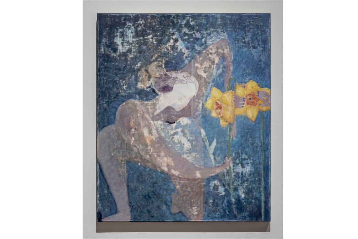 Abstract, textured painting of a woman-like figure with hair tied back reaching for daffofils