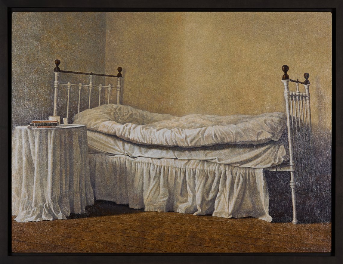Painting of a traditional metal bedframe draped with white bed clothes