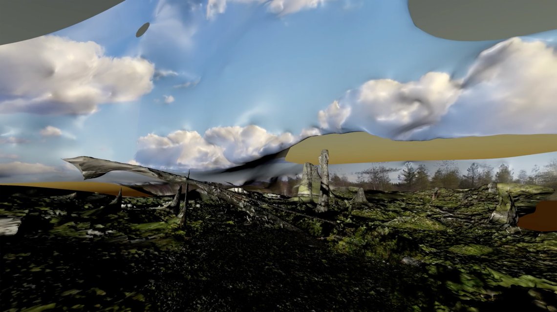 Digital rendering of a blue sky with clouds and textures of a landscape underneath