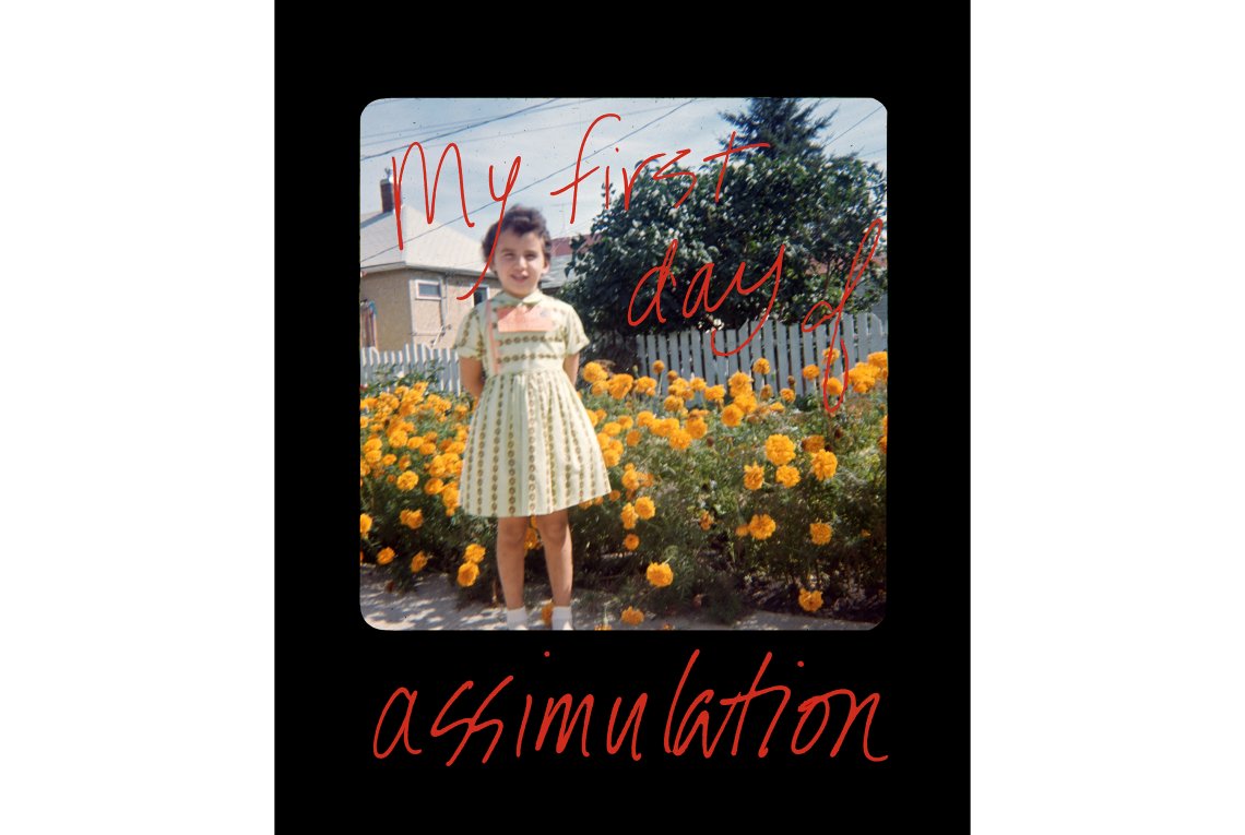 Round edge photo of a child portrait of Rosalie Favell with yellow flowers in the background. Red text on top says My First Day of Assimilation