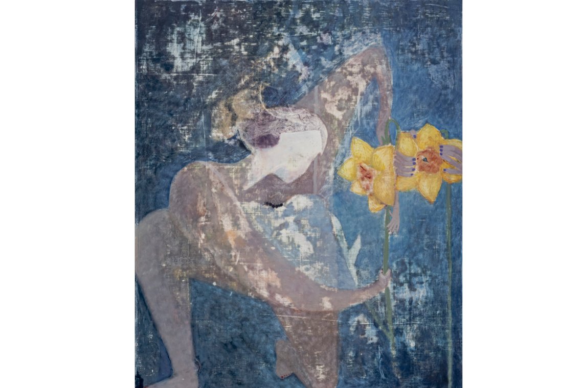 Abstract, textured painting of a woman-like figure with hair tied back reaching for daffofils