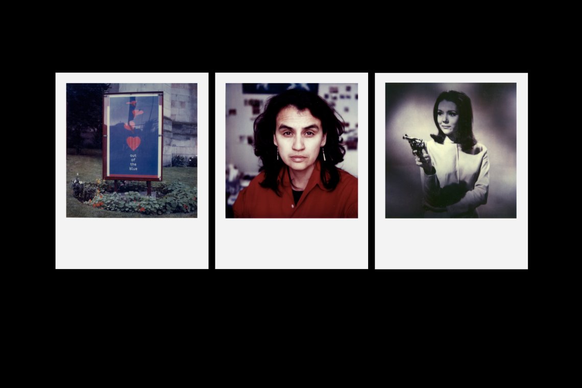 Three polaroid photos on a black background. From the left, the first is an image of a sign saying Out of Blue, it has red hearts surrounding it. Middle photo is a portrait of Rosalie Favell. The right side image is a black and white portrait of a woman holding a gun, this is a vintage image