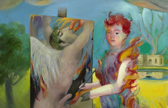 A portrait of the artist with spiking red hair wearing a blue dress, her arm on fire as gestures to an easel painting of a nude winged male among flames; both are posed in a pastoral landscape