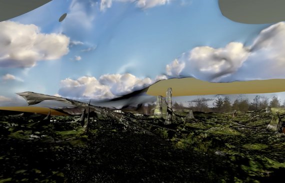 Digital rendering of a blue sky with clouds and textures of a landscape underneath
