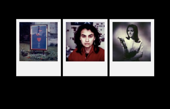 Three polaroid photos on a black background. From the left, the first is an image of a sign saying Out of Blue, it has red hearts surrounding it. Middle photo is a portrait of Rosalie Favell. The right side image is a black and white portrait of a woman holding a gun, this is a vintage image