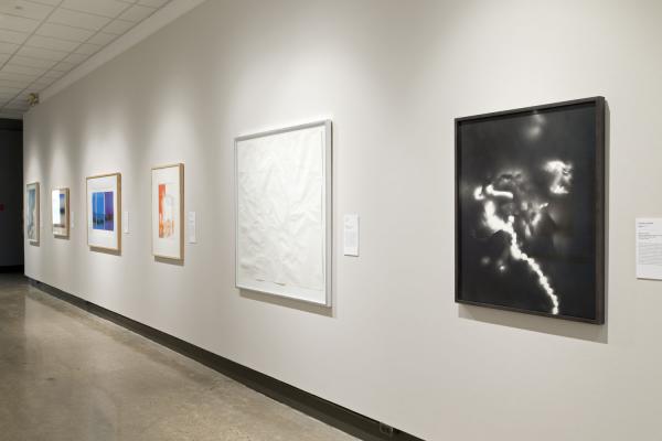 Installation view of Articulating Legibility, displaying a single row of framed works from the Collection